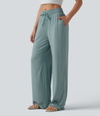 Mid Rise Drawstring Casual Baggy Trousers with Pockets — Clear Green — view 1