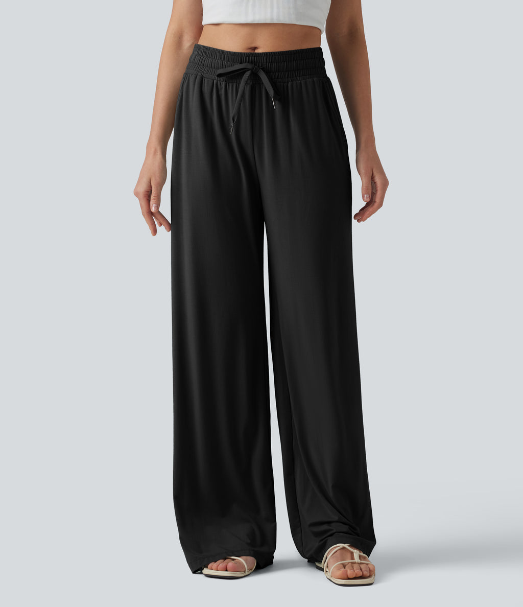 Mid Rise Drawstring Casual Baggy Trousers with Pockets — Black — view 6