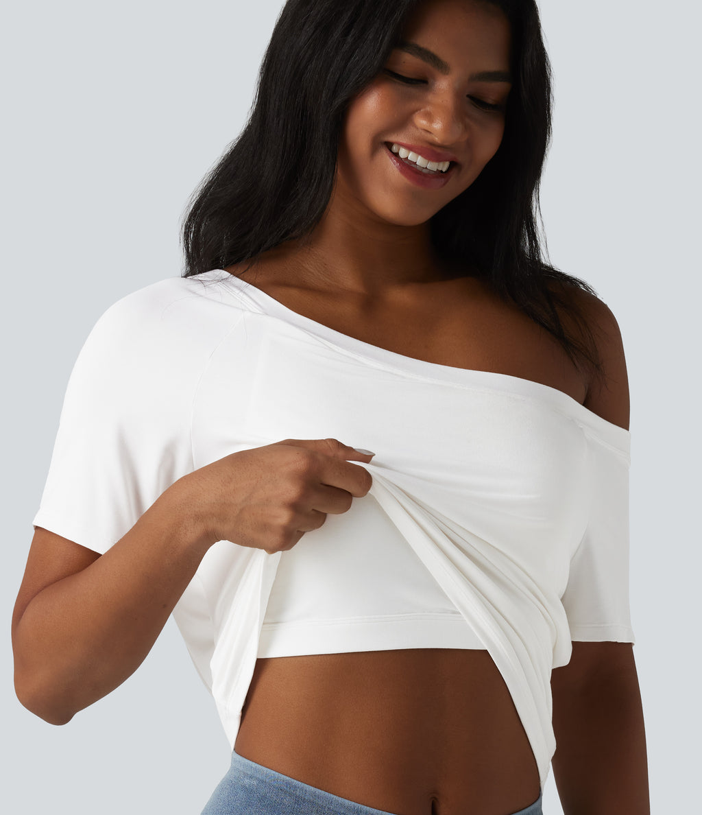 One Shoulder Short Sleeve Built-in Bra Tie Front Casual T-Shirt — Jasmine White — view 1