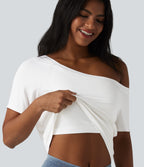 One Shoulder Short Sleeve Built-in Bra Tie Front Casual T-Shirt — Jasmine White — view 1