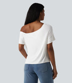 One Shoulder Short Sleeve Built-in Bra Tie Front Casual T-Shirt — Jasmine White — view 4