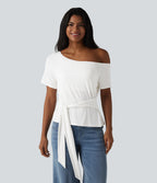One Shoulder Short Sleeve Built-in Bra Tie Front Casual T-Shirt — Jasmine White — view 2