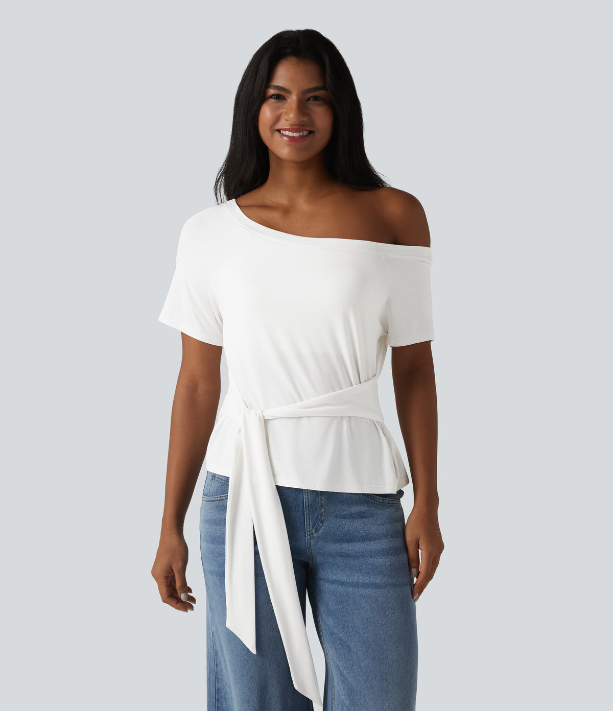 One Shoulder Short Sleeve Built-in Bra Tie Front Casual T-Shirt — Jasmine White — view 2
