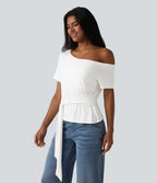One Shoulder Short Sleeve Built-in Bra Tie Front Casual T-Shirt — Jasmine White — view 6
