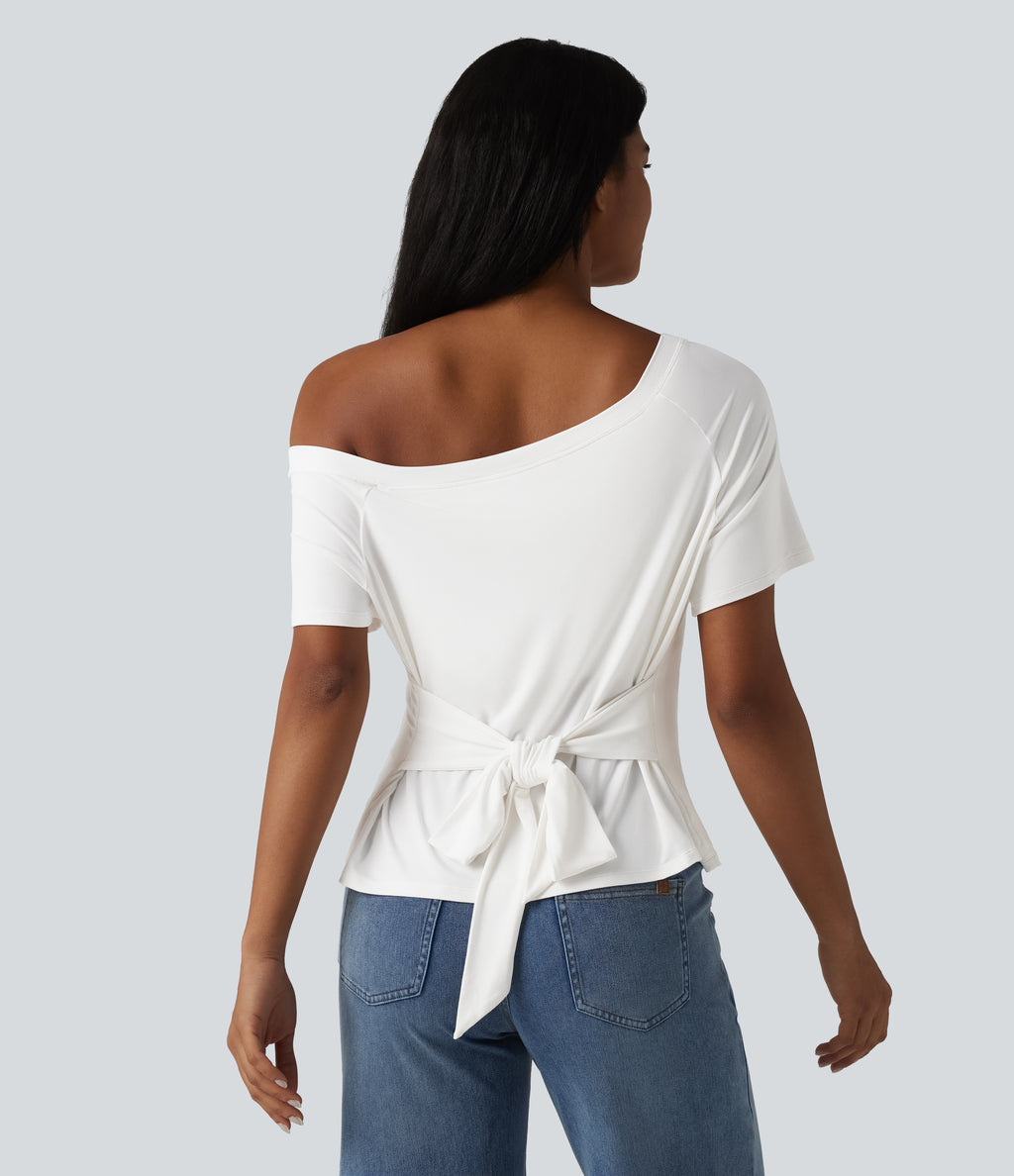 One Shoulder Short Sleeve Built-in Bra Tie Front Casual T-Shirt — Jasmine White — view 5
