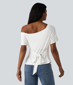 One Shoulder Short Sleeve Built-in Bra Tie Front Casual T-Shirt — Jasmine White — view 5