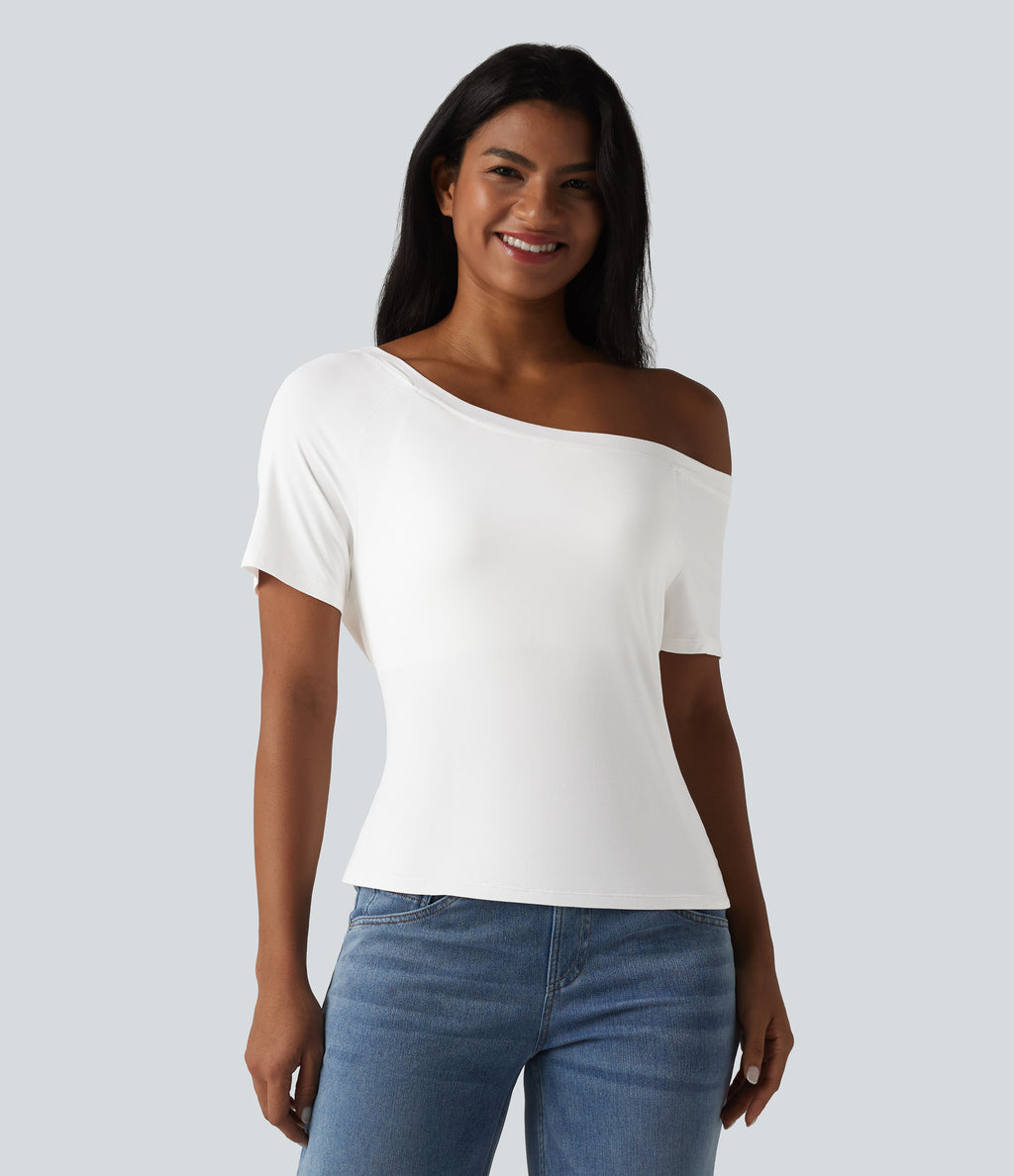 One Shoulder Short Sleeve Built-in Bra Tie Front Casual T-Shirt — Jasmine White — view 3