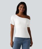 One Shoulder Short Sleeve Built-in Bra Tie Front Casual T-Shirt — Jasmine White — view 3