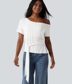 One Shoulder Short Sleeve Built-in Bra Tie Front Casual T-Shirt — Jasmine White — view 7
