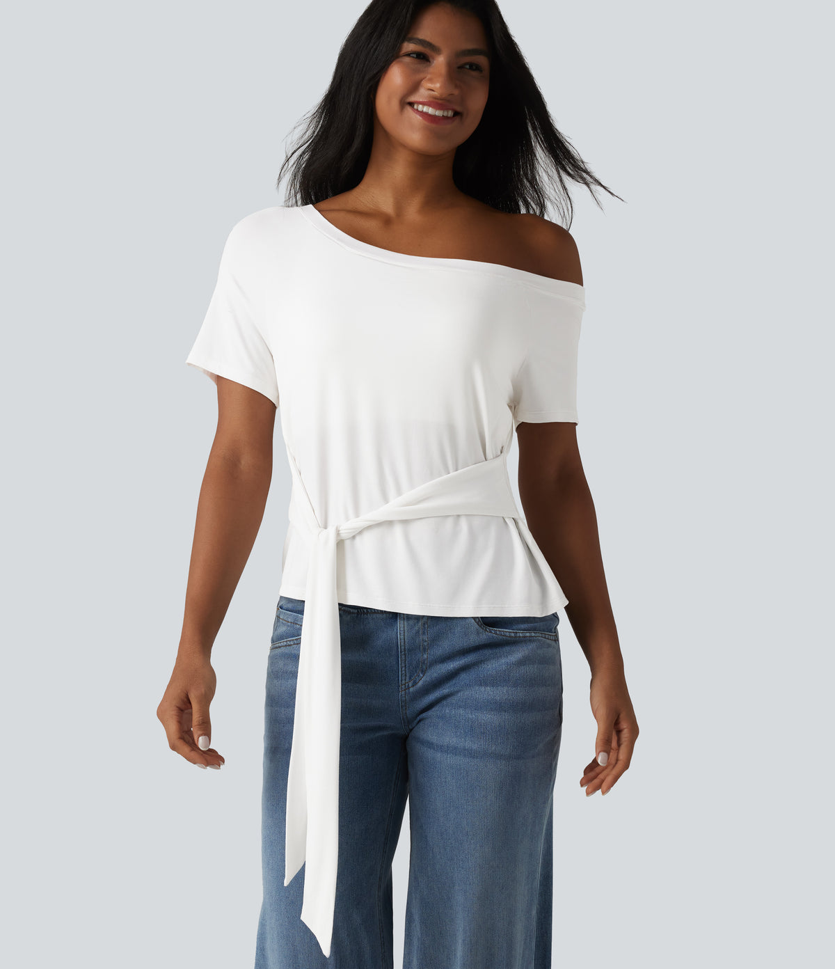 One Shoulder Short Sleeve Built-in Bra Tie Front Casual T-Shirt — Jasmine White — view 7