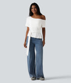 One Shoulder Short Sleeve Built-in Bra Tie Front Casual T-Shirt — Jasmine White — view 8