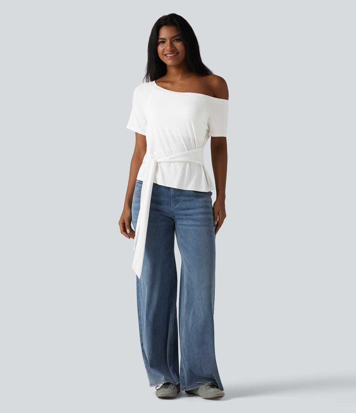 One Shoulder Short Sleeve Built-in Bra Tie Front Casual T-Shirt — Jasmine White — view 8