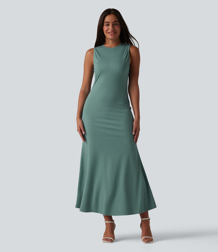 Ribbed Knit Round Neck Sleeveless Midi Casual Dress — Sagebrush Green — view 1
