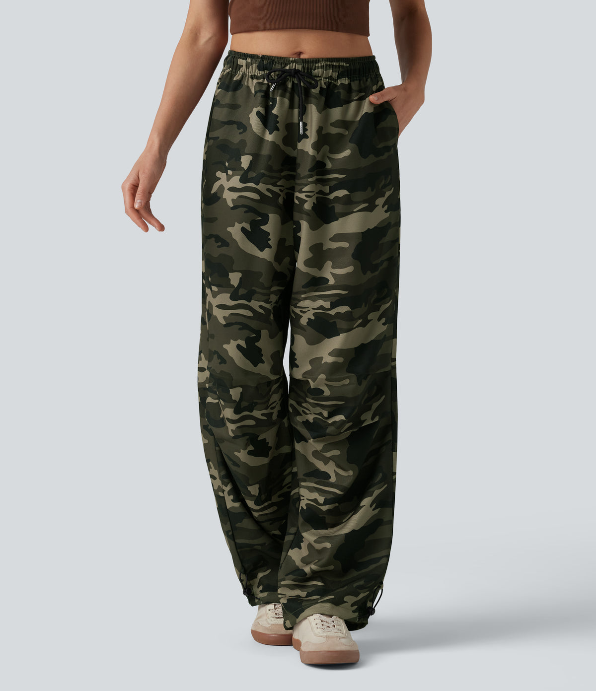 Mid Rise Drawstring Camo Casual Cargo Baggy Pants with Pockets — Born to be Wild - Green Camo — view 1