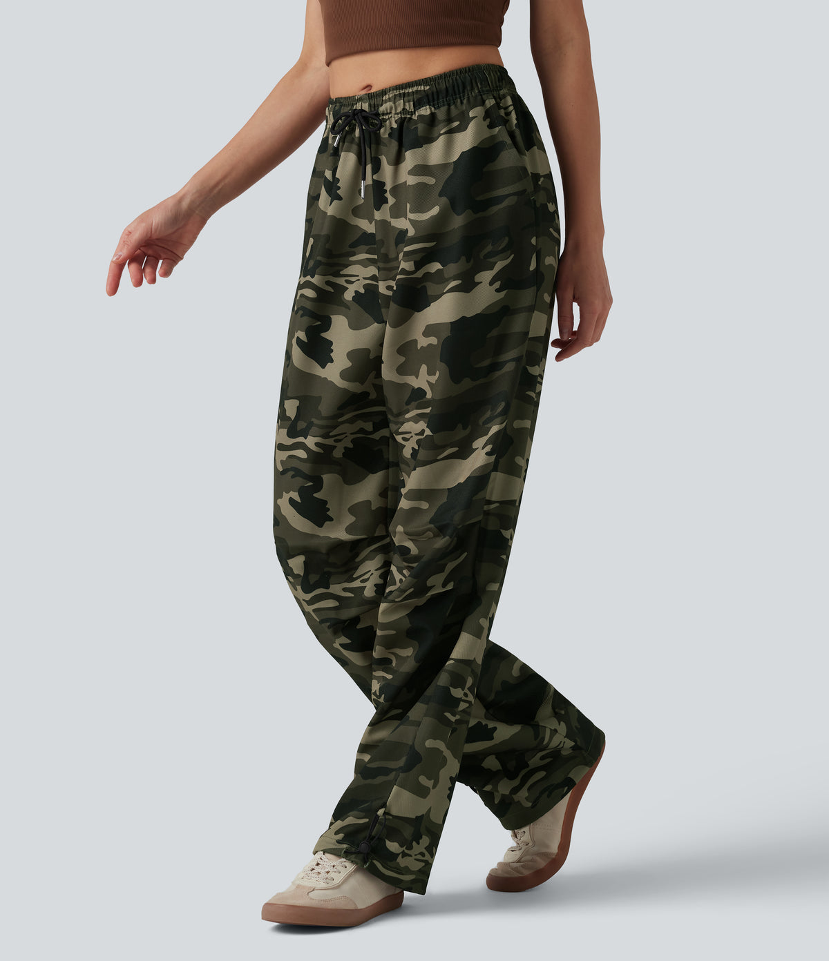 Mid Rise Drawstring Camo Casual Cargo Baggy Pants with Pockets — Born to be Wild - Green Camo — view 3
