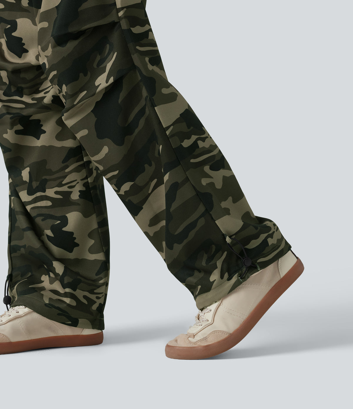 Mid Rise Drawstring Camo Casual Cargo Baggy Pants with Pockets — Born to be Wild - Green Camo — view 5