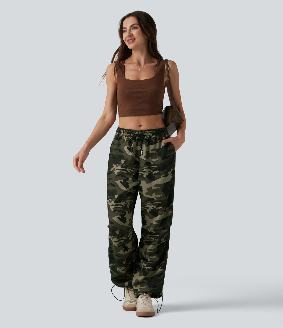Mid Rise Drawstring Camo Casual Cargo Baggy Pants with Pockets — Born to be Wild - Green Camo — view 6