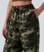 Mid Rise Drawstring Camo Casual Cargo Baggy Pants with Pockets — Born to be Wild - Green Camo — view 4