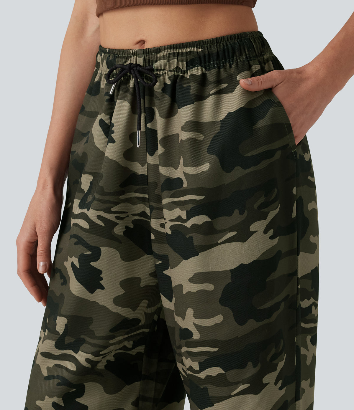 Mid Rise Drawstring Camo Casual Cargo Baggy Pants with Pockets — Born to be Wild - Green Camo — view 4