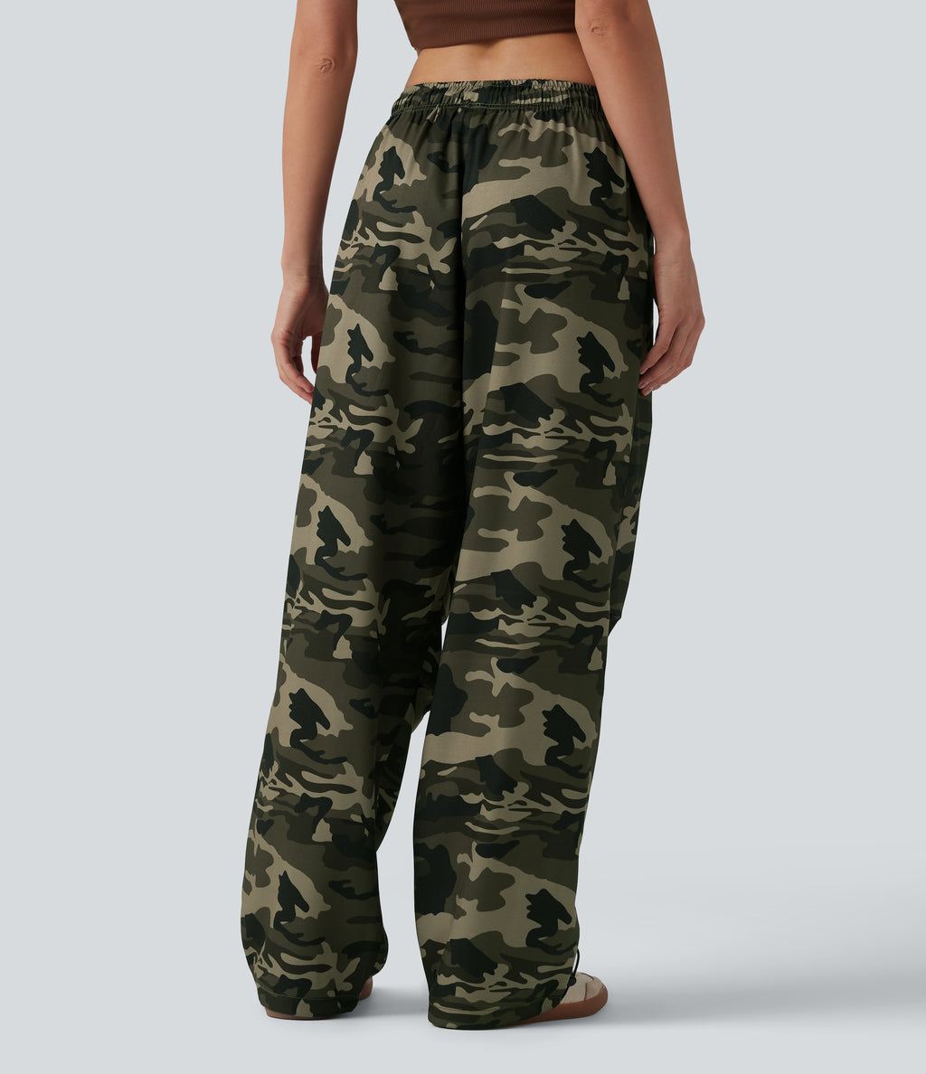 Mid Rise Drawstring Camo Casual Cargo Baggy Pants with Pockets — Born to be Wild - Green Camo — view 2
