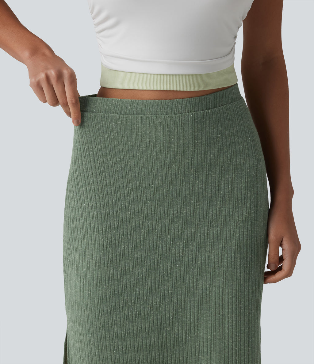 Ribbed Knit High Waisted Bodycon Midi Casual Linen-Blend Skirt — Sage Green Ribbed — view 5