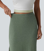 Ribbed Knit High Waisted Bodycon Midi Casual Linen-Blend Skirt — Sage Green Ribbed — view 5