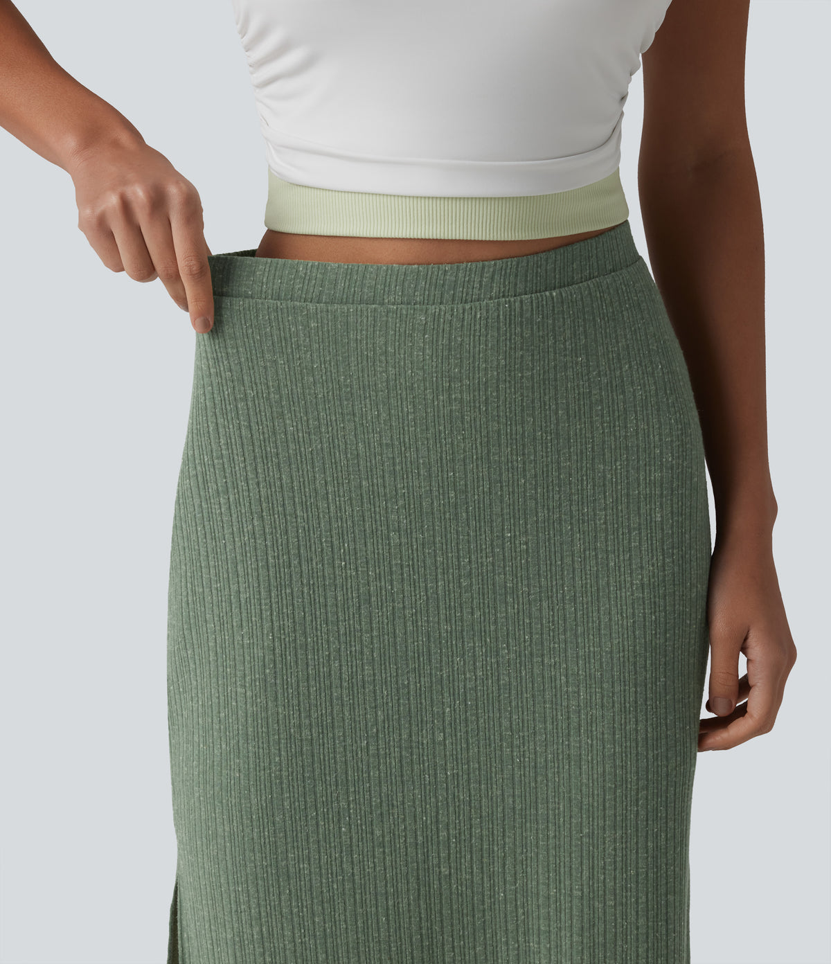 Ribbed Knit High Waisted Bodycon Midi Casual Linen-Blend Skirt — Sage Green Ribbed — view 5