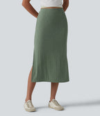 Ribbed Knit High Waisted Bodycon Midi Casual Linen-Blend Skirt — Sage Green Ribbed — view 3