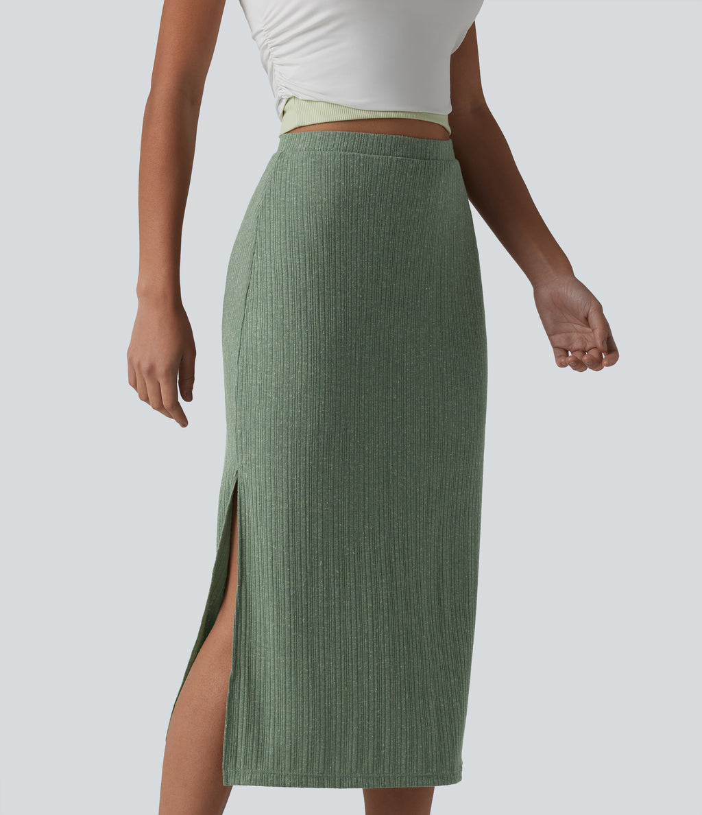 Ribbed Knit High Waisted Bodycon Midi Casual Linen-Blend Skirt — Sage Green Ribbed — view 4