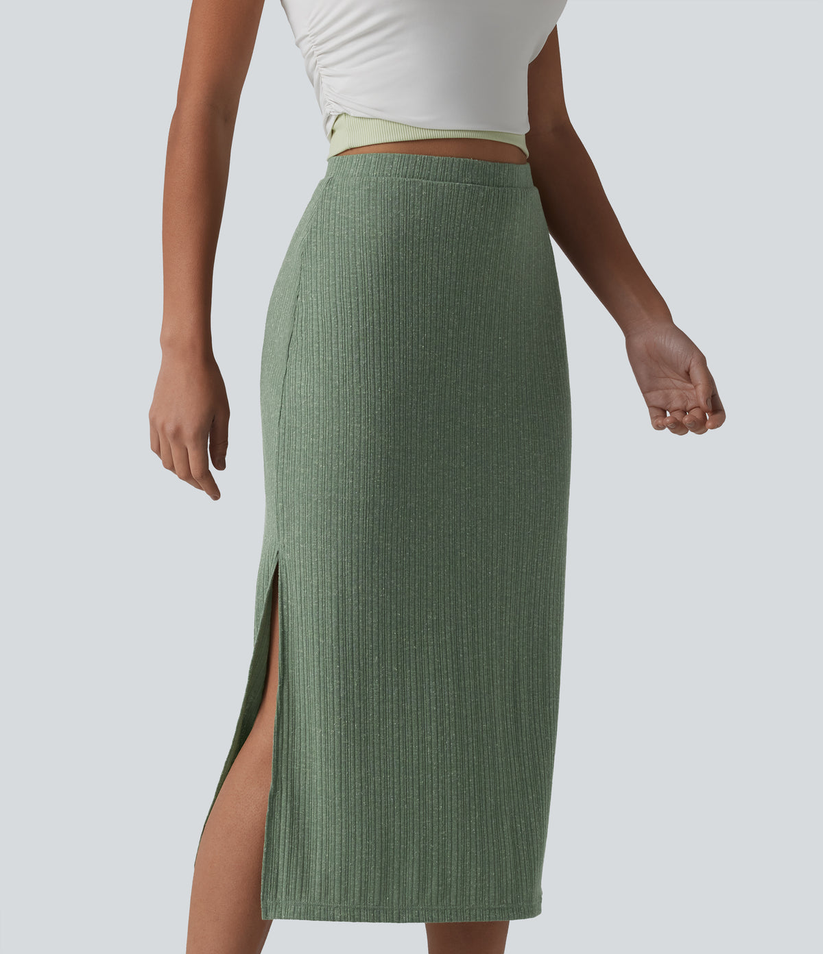 Ribbed Knit High Waisted Bodycon Midi Casual Linen-Blend Skirt — Sage Green Ribbed — view 4