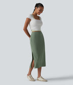 Ribbed Knit High Waisted Bodycon Midi Casual Linen-Blend Skirt — Sage Green Ribbed — view 7