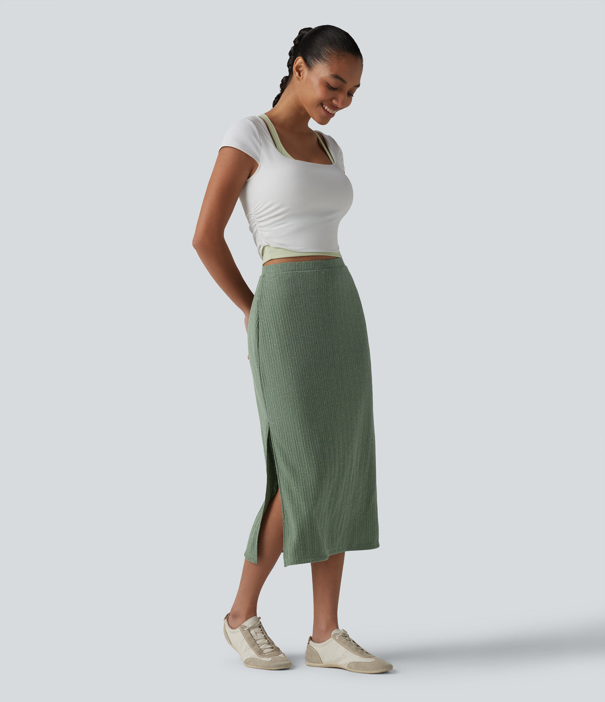 Ribbed Knit High Waisted Bodycon Midi Casual Linen-Blend Skirt — Sage Green Ribbed — view 7