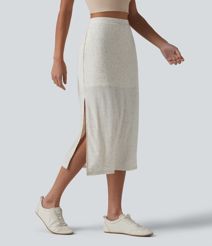 Ribbed Knit High Waisted Bodycon Midi Casual Linen-Blend Skirt — Soft Plaid Mist — view 9