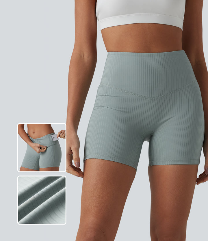 Ribbed Knit High Waisted Yoga Biker Shorts 5'' with Pocket — Silver Blue — view 1