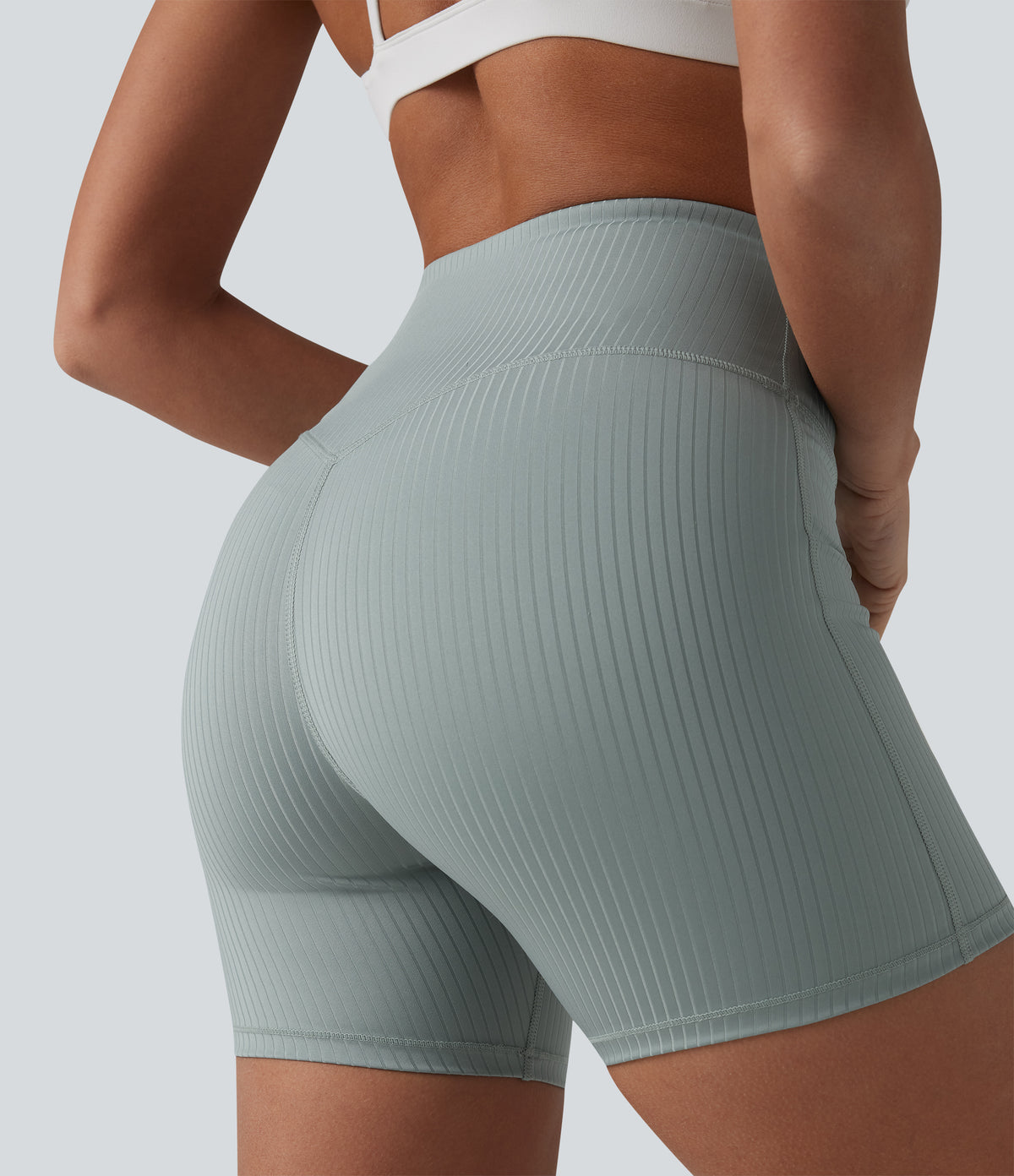 Ribbed Knit High Waisted Yoga Biker Shorts 5'' with Pocket — Silver Blue — view 4
