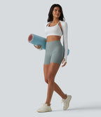 Ribbed Knit High Waisted Yoga Biker Shorts 5'' with Pocket — Silver Blue — view 7