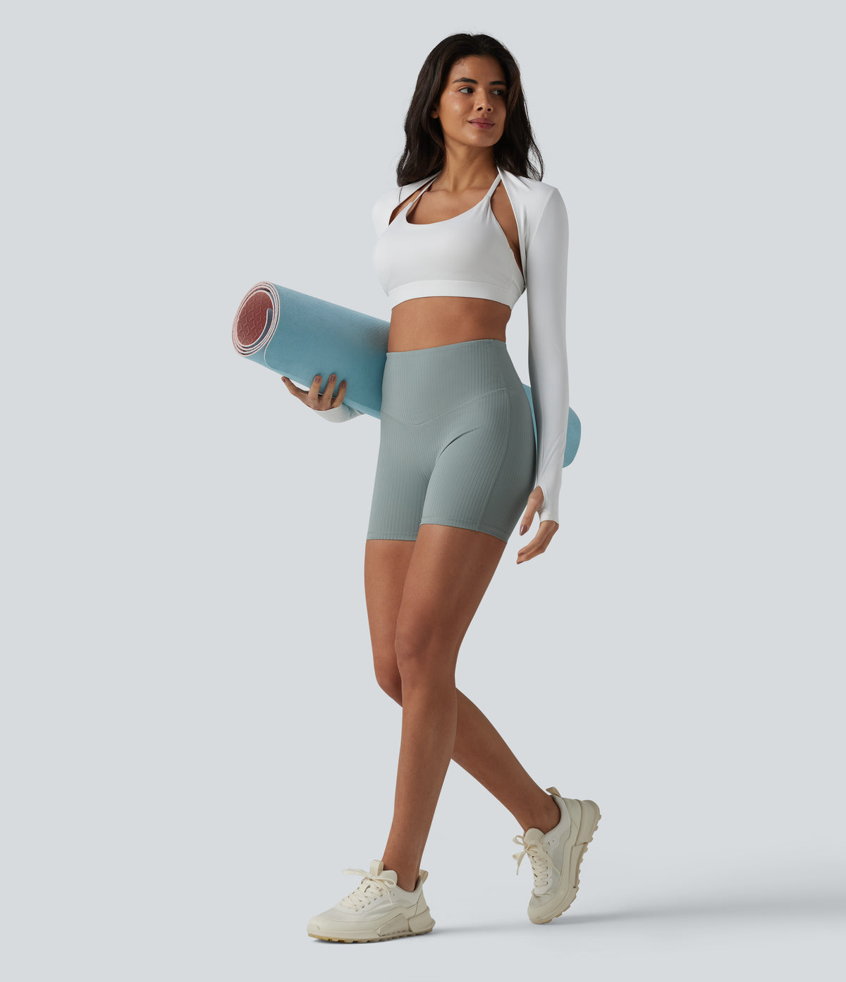 Ribbed Knit High Waisted Yoga Biker Shorts 5'' with Pocket — Silver Blue — view 7
