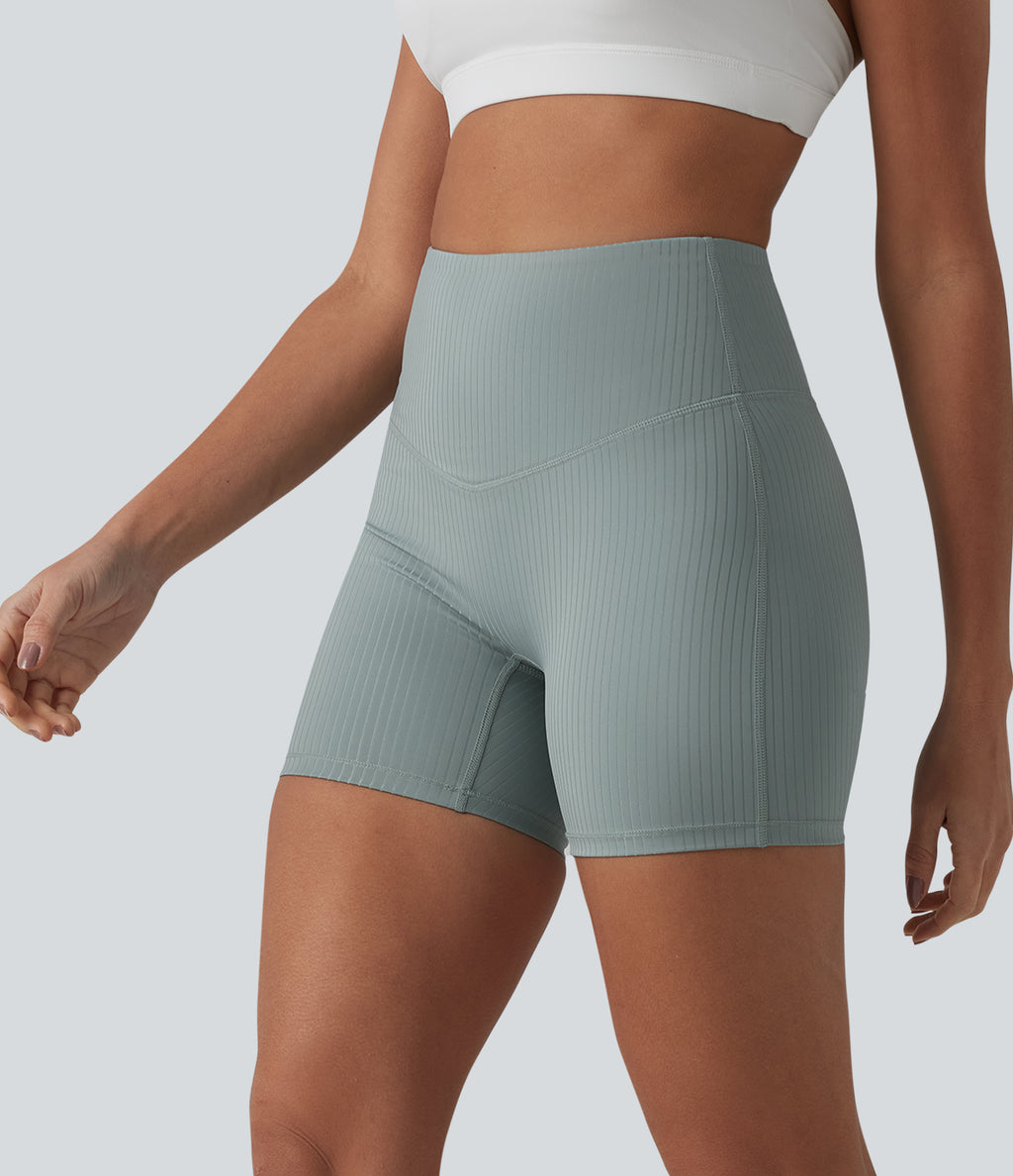 Ribbed Knit High Waisted Yoga Biker Shorts 5'' with Pocket — Silver Blue — view 6
