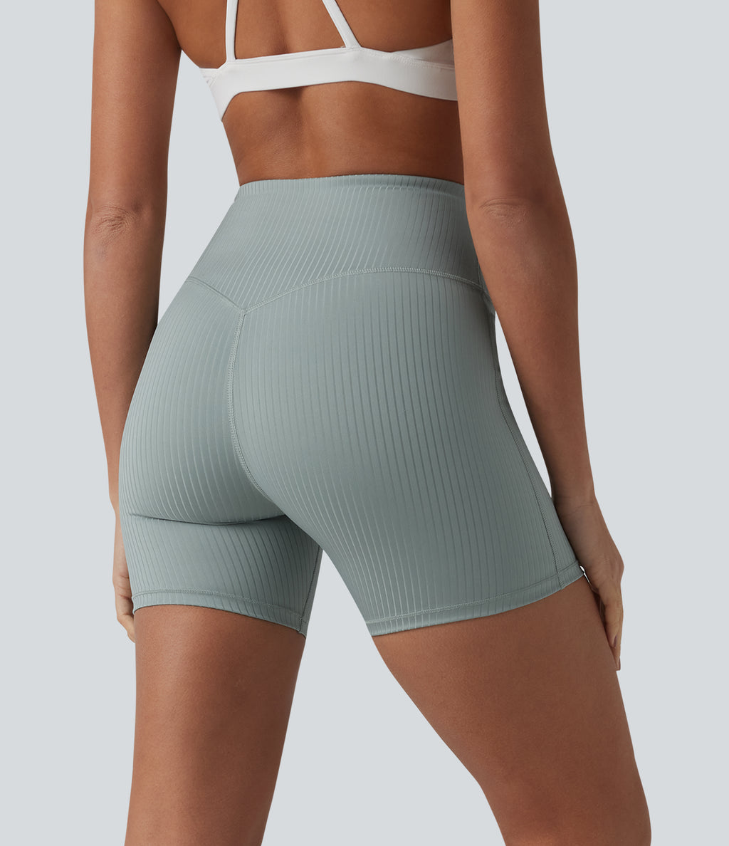 Ribbed Knit High Waisted Yoga Biker Shorts 5'' with Pocket — Silver Blue — view 2