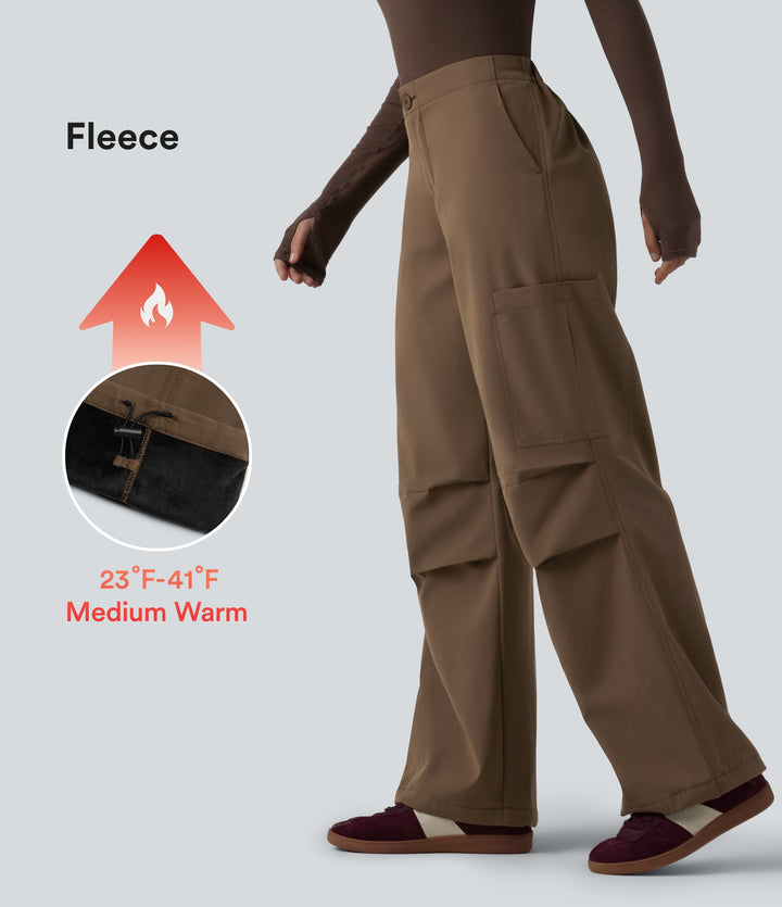 High Waisted Wide Leg Fleece Casual Parachute Trousers with Pockets — Reddish Brown — view 1
