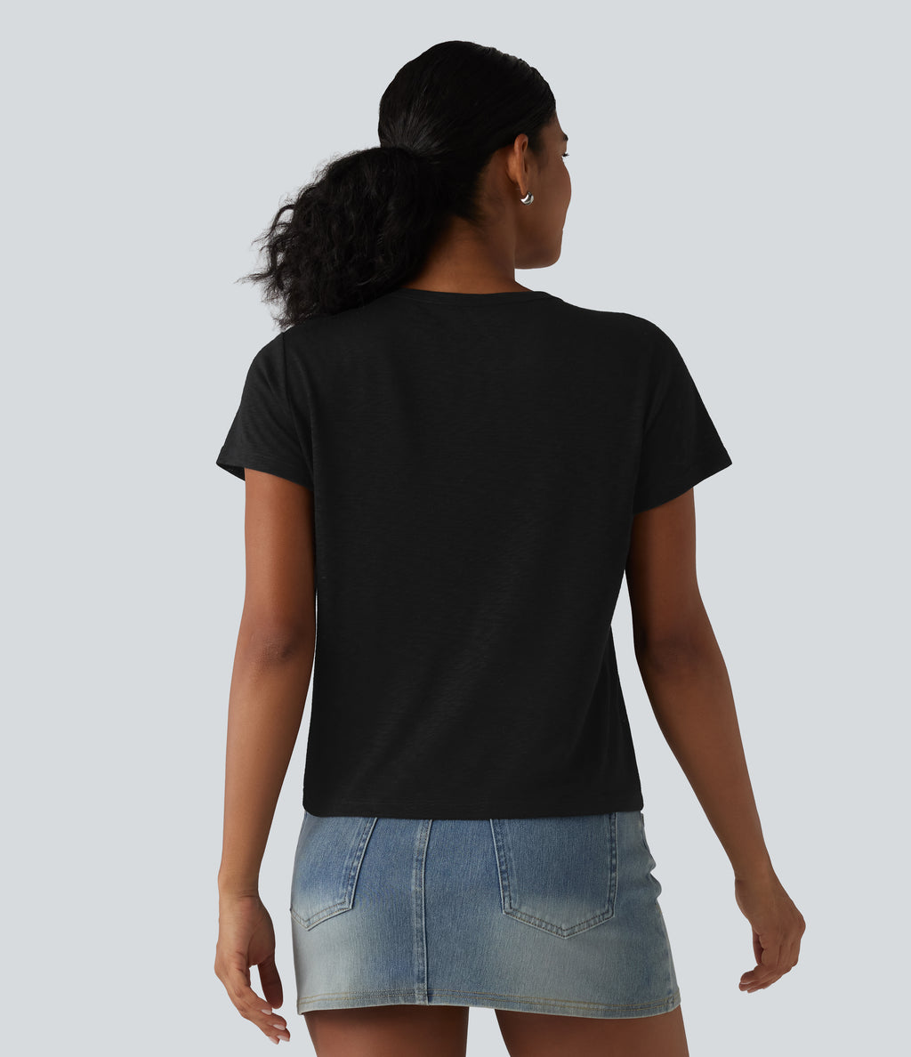 Round Neck Short Sleeve Casual T-Shirt — Black — view 2