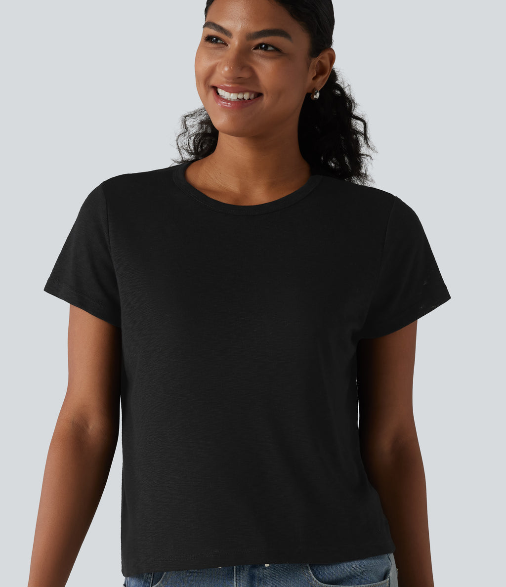 Round Neck Short Sleeve Casual T-Shirt — Black — view 1