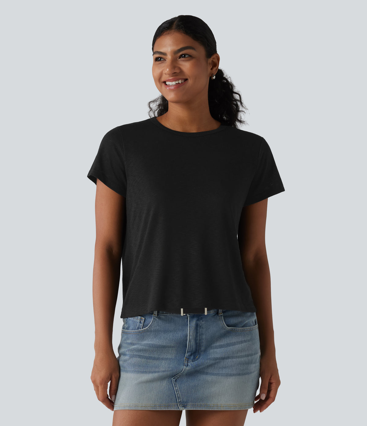 Round Neck Short Sleeve Casual T-Shirt — Black — view 4