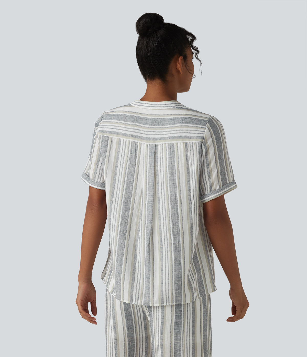 V-neck Short Sleeve Stripes Casual Blouse — Soft Grove Stripe — view 2