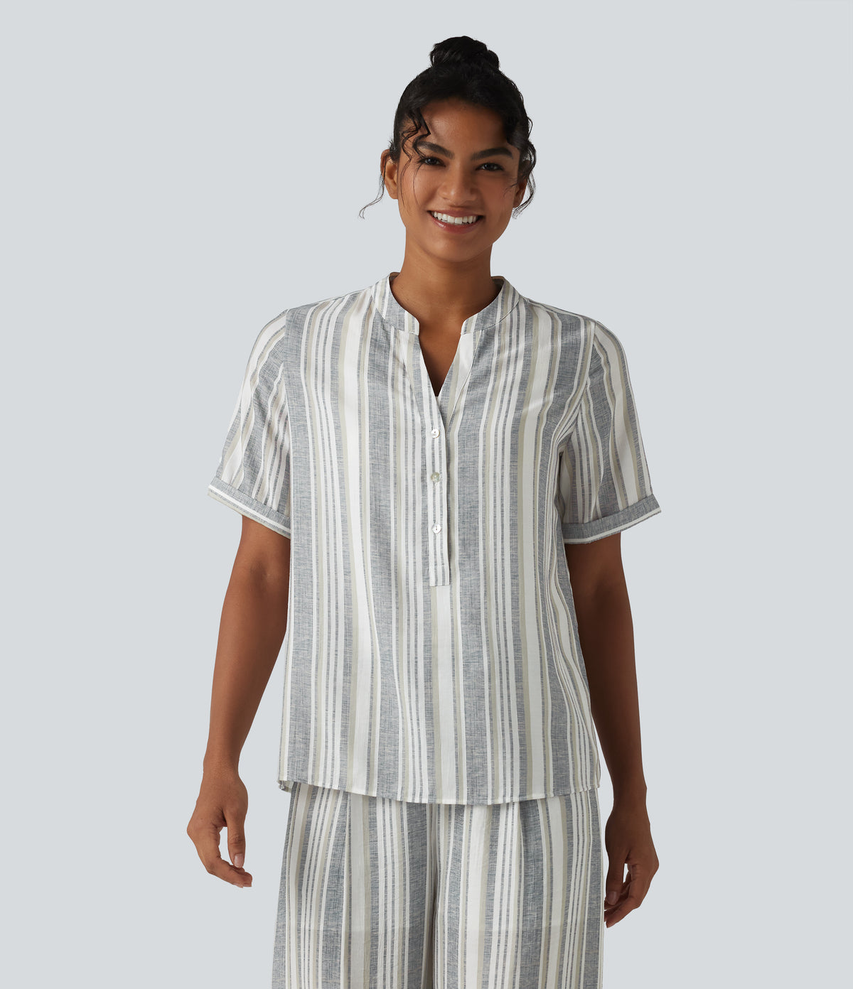 V-neck Short Sleeve Stripes Casual Blouse — Soft Grove Stripe — view 4