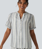 V-neck Short Sleeve Stripes Casual Blouse — Soft Grove Stripe — view 1