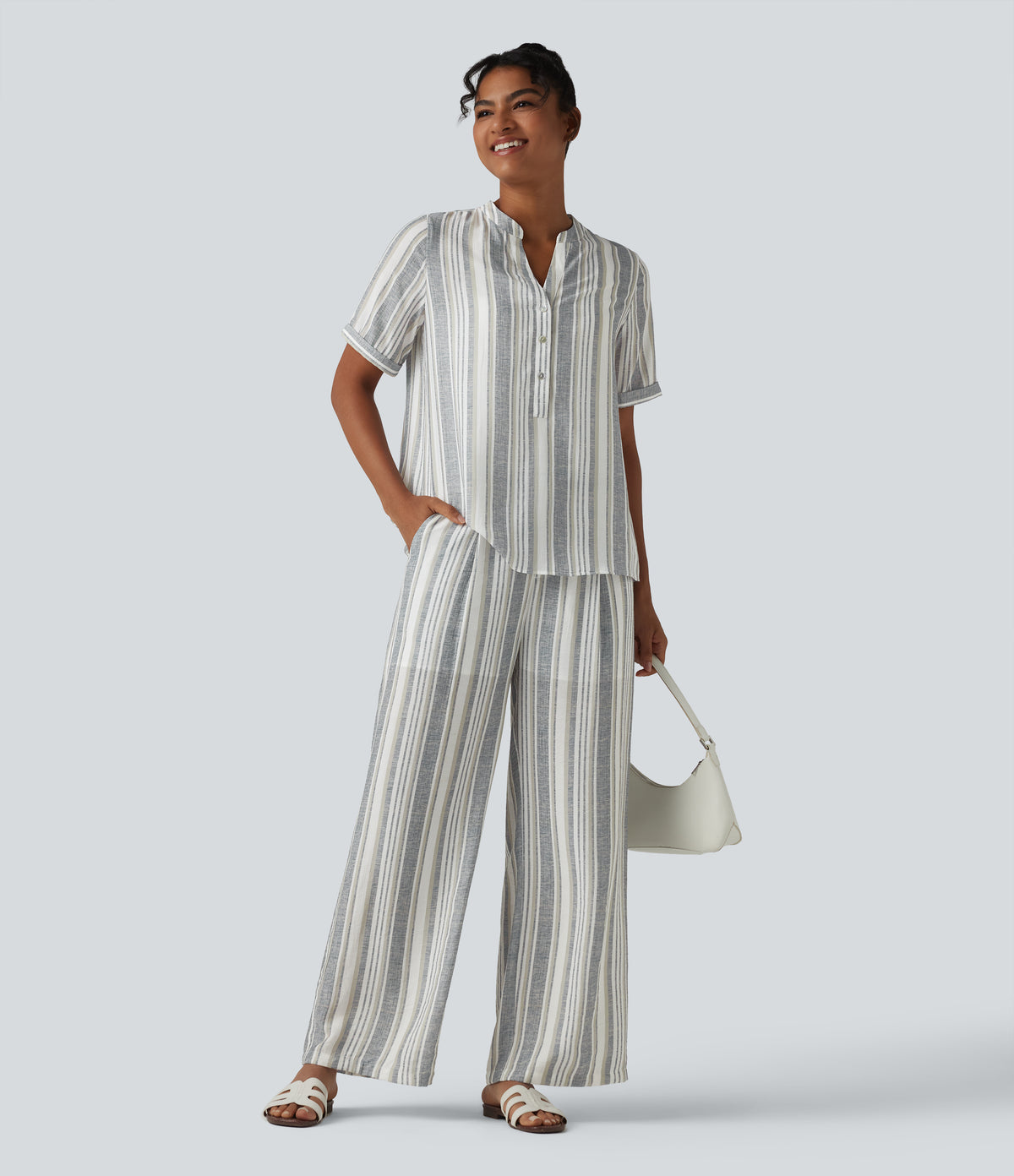 V-neck Short Sleeve Stripes Casual Blouse — Soft Grove Stripe — view 5