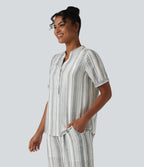 V-neck Short Sleeve Stripes Casual Blouse — Soft Grove Stripe — view 3