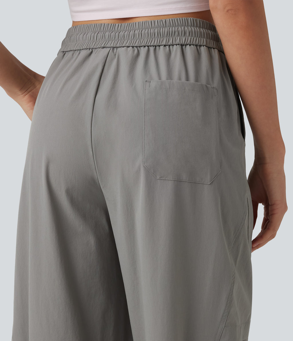 High Waisted Drawstring Parachute Casual Trousers with Pockets — Mourning Dove — view 6