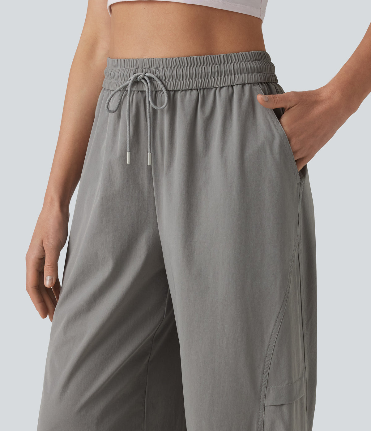 High Waisted Drawstring Parachute Casual Trousers with Pockets — Mourning Dove — view 7
